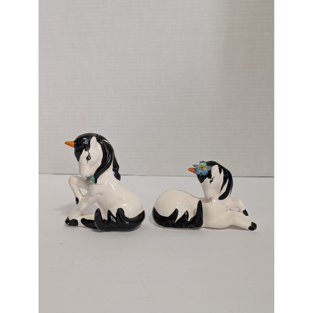 Vintage 2 Black and White Ceramic Mythical Unicorn hook Figurines